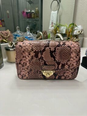 Michael Kors Pink Snake-Embossed Crossbody Bag with Gold Hardware
